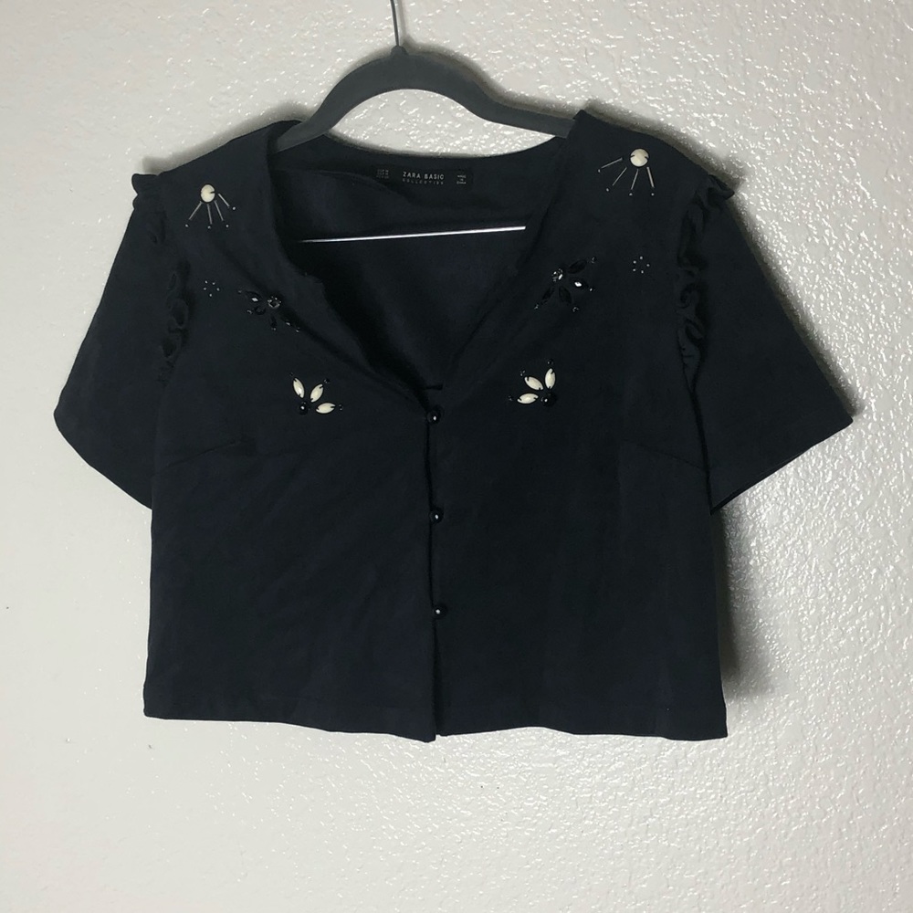 Zara Navy Suede Embroidered Short Sleeve Blazer